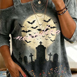 Cozy Fall Vibes Black Cat Print Off-Shoulder Halloween Top