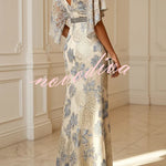 Ellie Floral Textured Diamond-embellished Belt Half Sleeve Mermaid Gown Maxi Dress