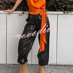 L'Aura Padded-Shoulder Wrap-Around Satin Top