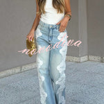 Elegant Street Style Denim Crochet Lace Trim High Rise Pocket Wide Leg Jeans