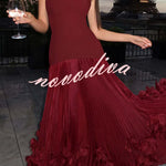 Serafina Strapless Back Lace-up Handcrafted Floral Appliqués Pleated Hem Gown Maxi Dress