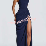 Cyra Back Lace-up Asymmetrical Pleats Strapless Slit Maxi Dress
