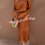 Stunning Fawn Print Contrast Color Satin Lace Trim Mid Rise Maxi Skirt