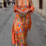 Riviera Unique Print Slit Tank Midi Dress and Satin Kimono Cover-up Two Pieces Set
