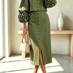 Linen Blend Flowers Buttons Floral Cuffs Sleeve Top and Elastic Waist Pocket Midi Skirt Set