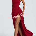 Cyra Back Lace-up Asymmetrical Pleats Strapless Slit Maxi Dress