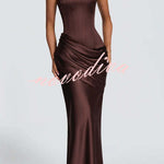 Ella Satin Detachable Asymmetric Off Shoulder Drape Panel Back Lace-up Maxi Dress