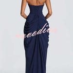 Cyra Back Lace-up Asymmetrical Pleats Strapless Slit Maxi Dress