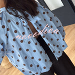 Issie Polka Dot Print Turtleneck Knotted Balloon Sleeve Back Slit Loose Blouse