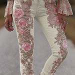 3D Floral Print Pocket Casual Jeans