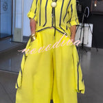 Ruan Linen Blend Stripe Print Long Sleeve Midi Shirt and Elastic Waist Pocketed Loose Pants Set
