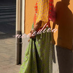 Genovah Colorful Tile Print Patchwork V-neck Balloon Sleeve Maxi Dress