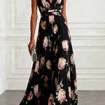 Tulip Print V-Neck Sleeveless Elegant Waist-Defining Maxi Dress