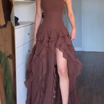 Elegant Sleeveless Off-shoulder Fitted Ruffled High Slit Maxi Dress