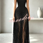 Hot, Sexy Babe Solid Color Off Shoulder Tassel Hem Maxi Dress
