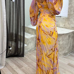 Sunset Serenade Printed Off Shoulder Diamond Embellished Pleated Slit Maxi Dress