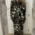 Airy Satin Unique Print V-neck Gemstone Embellished Drape Robe Maxi Dress