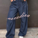 Kadence Denim Side Metal Hollow Ring Detail Pocket Lantern Pants