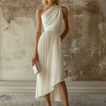 【24-hour shipping out】Elegant High-end Evening Gown White Pleated Sleeveless Midi Dress