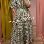 Linen Blend Striped Print Collared Short-sleeved Fitted Waist Belted Casual Maxi Dress
