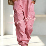 Street Style Solid Color High Waist Pocketed Loose Fit Cargo Pants