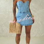 Avantie Denim Off Shoulder Back Smocked Zipper Romper