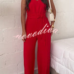 Elaris Linen Blend V-neck Tie-up Waist Pocketed H-line Wide Leg Jumpsuit