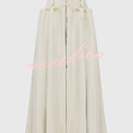 Custom Look Linen Blend Unique Metal Pattern Buttons Lace-up Waist Crisp Hem Maxi Skirt