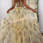 Vita Floral Satin Bow Lace Back Lace-up Crop Tank and Tulle High Rise A-line Maxi Skirt Set