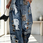 Faux Denim Unique Print Mid Rise Silver Stud Detail  Pocket Barrel Pants