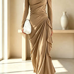 Elegant High Neck Long Sleeve Pleated Draped Fitted Maxi Dress