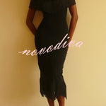 Solid Color V-neck Off-shoulder Slim-fit Tassel Midi Dress