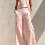 Elysia Contrast-Stitch Linen Two-Piece Set
