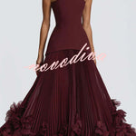 Serafina Strapless Back Lace-up Handcrafted Floral Appliqués Pleated Hem Gown Maxi Dress