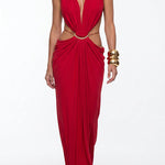 Athena Metal-Link Cutout Design Back Lace-up Drape Maxi Dress