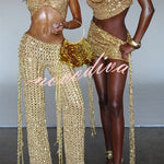 Gold Coast Knit Sequin Fabric Short Sleeve Crop Top and Adjustable Beaded Waist Loose Pants Set