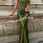 Nasha Floral Sequin Satin Boat Neck Short Sleeve Ruched Mermaid Gown Maxi Dress