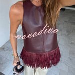 Stylish Halter Neck Sleeveless Leather Tassel Loose Top