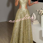 Dazzling Night Sequin Crew Neck Cutout Waist Open Back Flare Maxi Dress