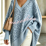 Relaxed Style Knit Leopard Print V-neck Batwing Sleeve Loose Sweater