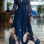 Floral Print Patchwork Mesh Long-sleeved V-neck Fitted Waist Maxi Dress
