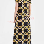 Annalisa Satin Court Style Contrast Color Printed Short Sleeve Pocket Feather Trim Maxi Dress