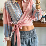 Plaid Wrap Tie Long Sleeve Shirt