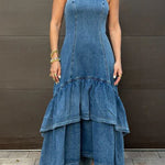 Graceful Smile Denim Back Zipper Slip Layered Ruffle Hem Maxi Dress