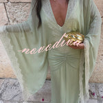 Evita Georgette Lace Trim Kaftan-style Sleeve Ruched Hip Maxi Dress