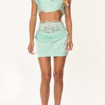 Tanya Satin High Neck Ruched Crop Top and  Lace Cinched Waist Sequin Detail Mini Skirt Set