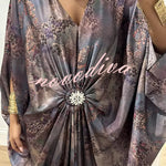 Airy Satin Unique Print V-neck Gemstone Embellished Drape Robe Maxi Dress