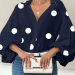 Stylish Polka Dot Print Collared Puff Sleeve Loose Shirt