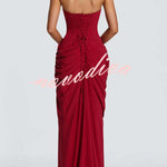 Cyra Back Lace-up Asymmetrical Pleats Strapless Slit Maxi Dress