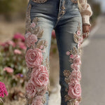 3D Floral Print Pocket Casual Jeans